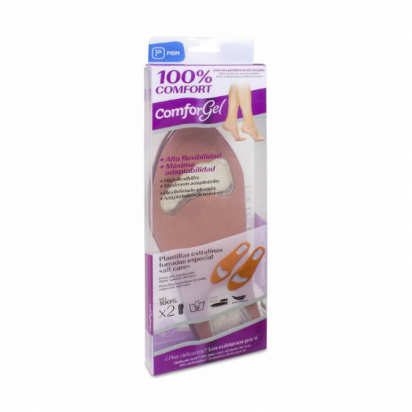 PLANTILLAS DE GEL EXTRAFINAS FORRADAS COMFORGEL ESPECIAL APOYO METATARSAL Y CALCANEO 2 UNIDADES TALLA L