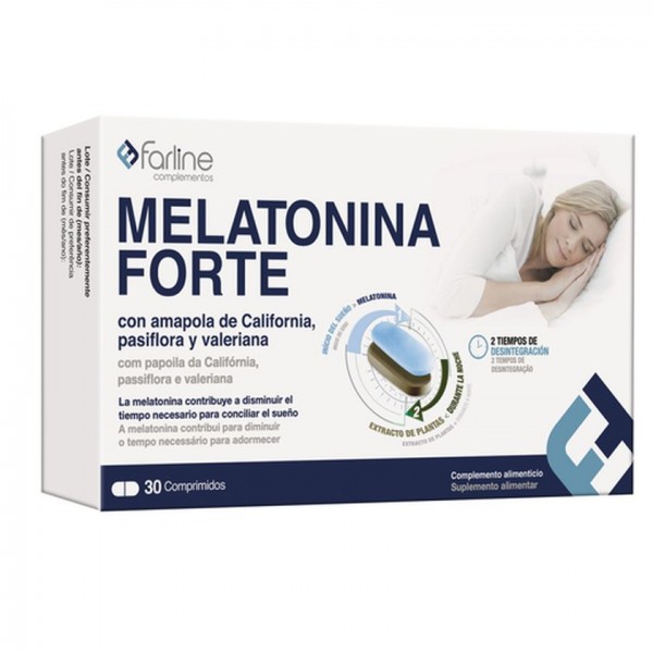FARLINE COMPLEMENTOS MELATONINA FORTE CON AMAPOLA DE CALIFORNIA PASIFLORA Y VALERIANA 30 COMPRIMIDOS
