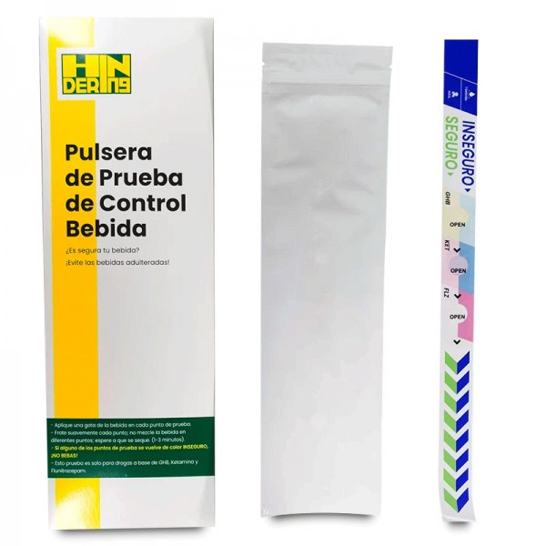 PULSERA DETECTORA DE DROGAS EN BEBIDAS PARA SUMISION QUIMICA CON TRIPLE DETECCIÓN: GHB, KETAMINA Y FLUNITRAZEPAM – 10 TIRAS