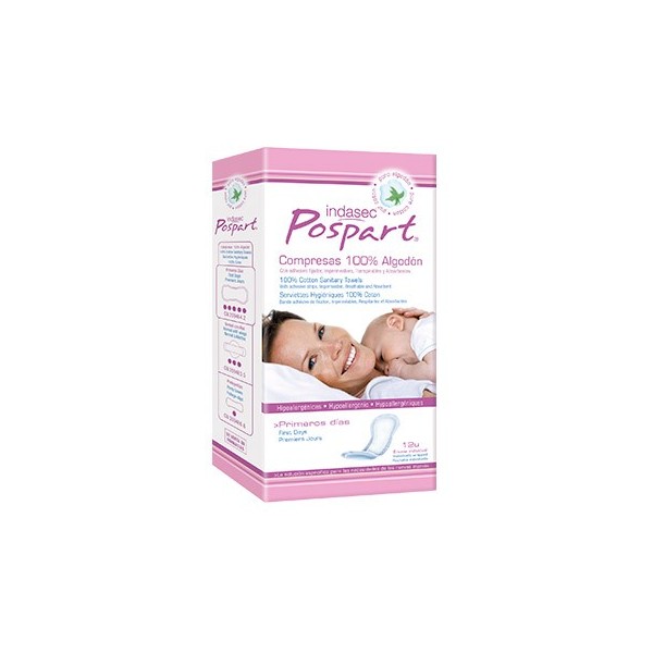 COMPRESAS HIGIENICAS FEMENINAS POSPARTO INDASEC PRIMEROS DIAS ALGODON 12 U
