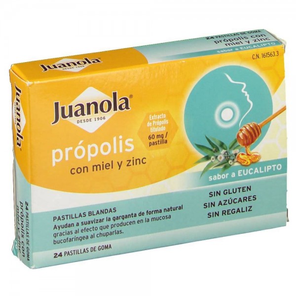 JUANOLA PROPOLIS MIEL Y ZINC 24 PASTILLAS DE GOMA SABOR EUCALIPTO